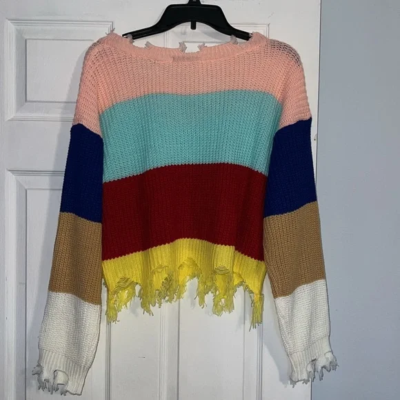 Shein Peach Blue Multi Color Frayed Stripe Sweater Top NWOT - Picture 9 of 11